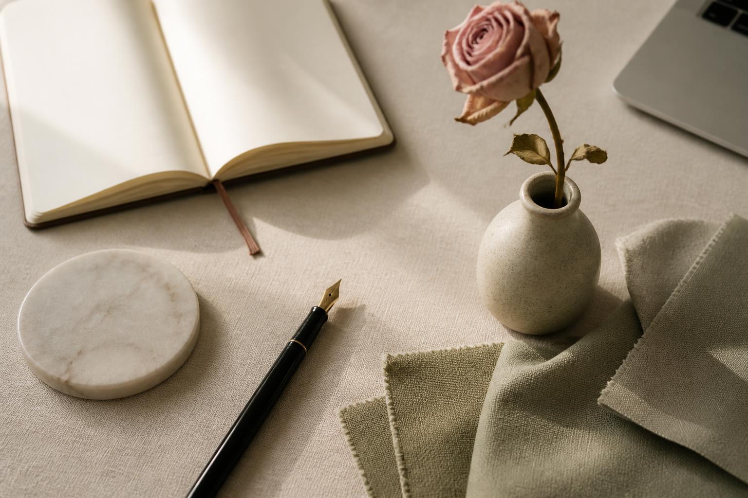 Boutique creative studio workspace — open notebook, dried rose, fabric swatches, fountain pen